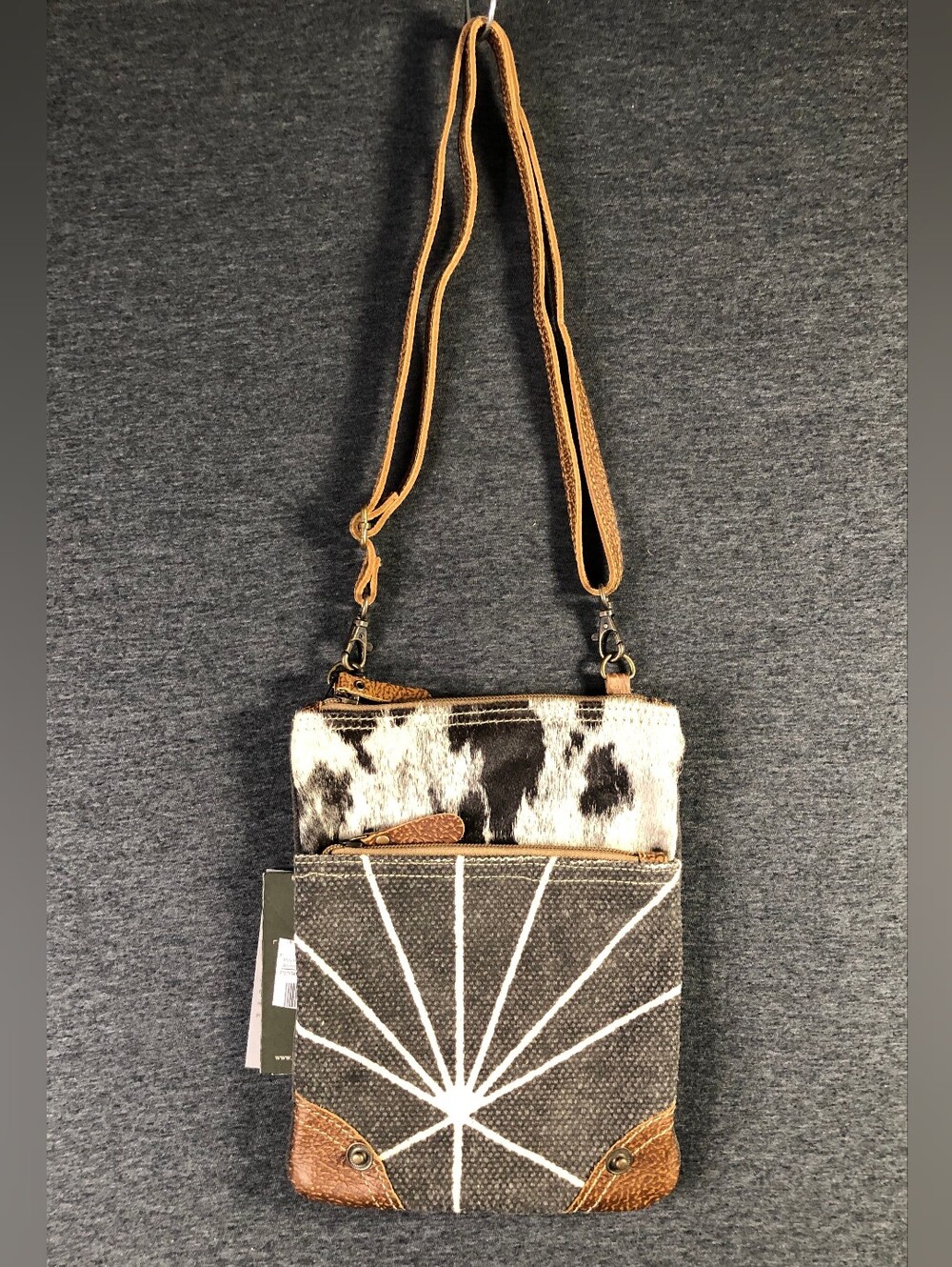 Myra Bag Crossbody Phone Bag in Brown and Grey with Blk & Wht Cowhide Accent NWT